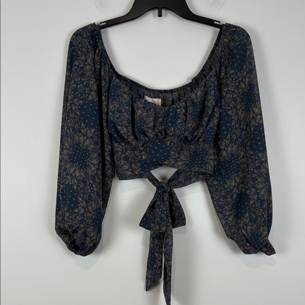 Altar’d State Women’s XS Cropped Peasant Tie-Front Top Navy Floral Boho Romantic